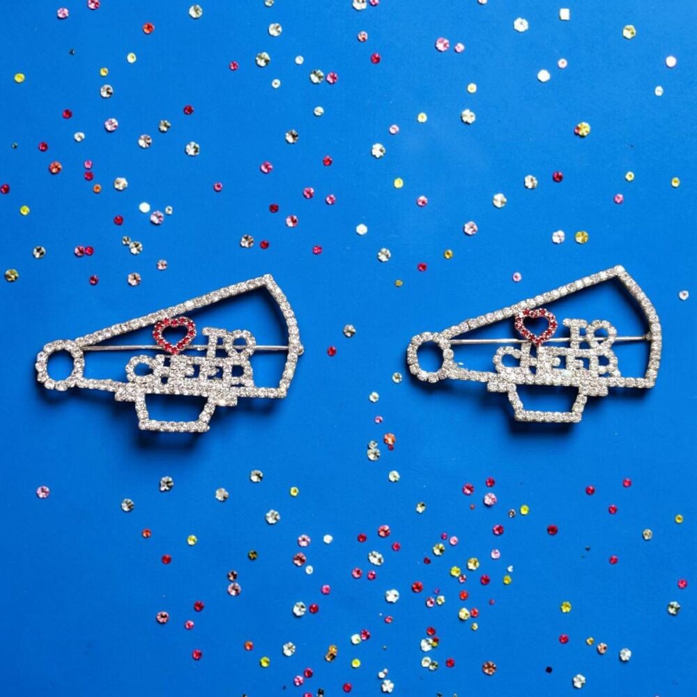 2 Cheer Megaphone Rhinestone Brooch Pins Set,  Cheerleader Spirit Bling